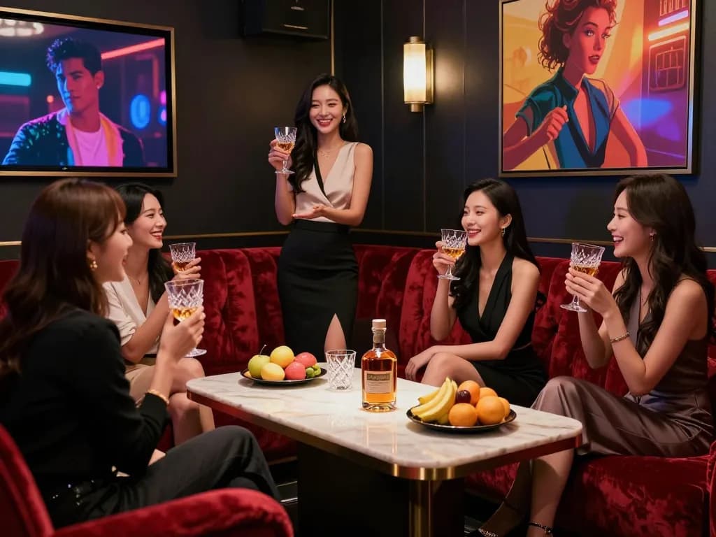 Guests enjoying a luxurious 강남쩜오 private karaoke experience with elegant atmosphere and attractive hosts.