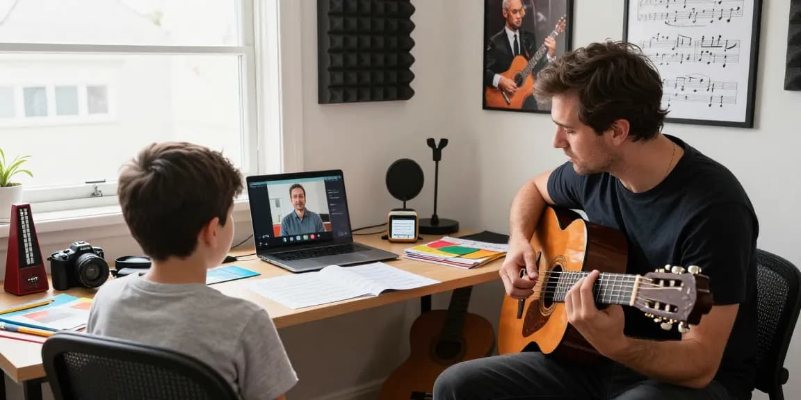 Remote Guitar Lessons with a certified instructor in a cozy home studio, showcasing classical guitar techniques.