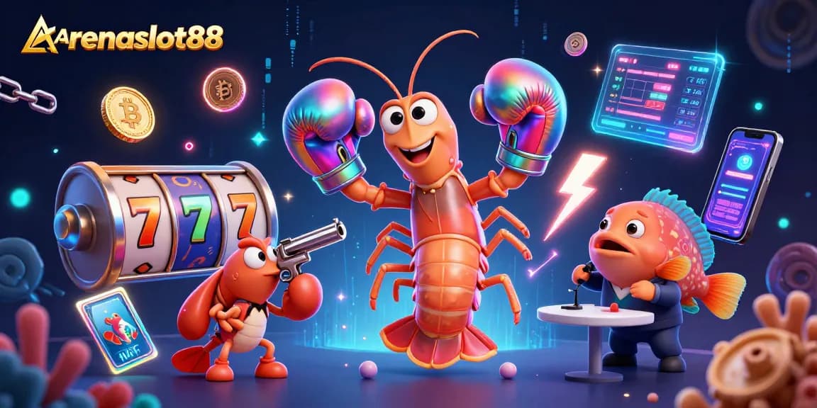 Arenaslot88 menampilkan ilustrasi 3D kartun dengan udang mantis dan elemen slot yang dinamis.