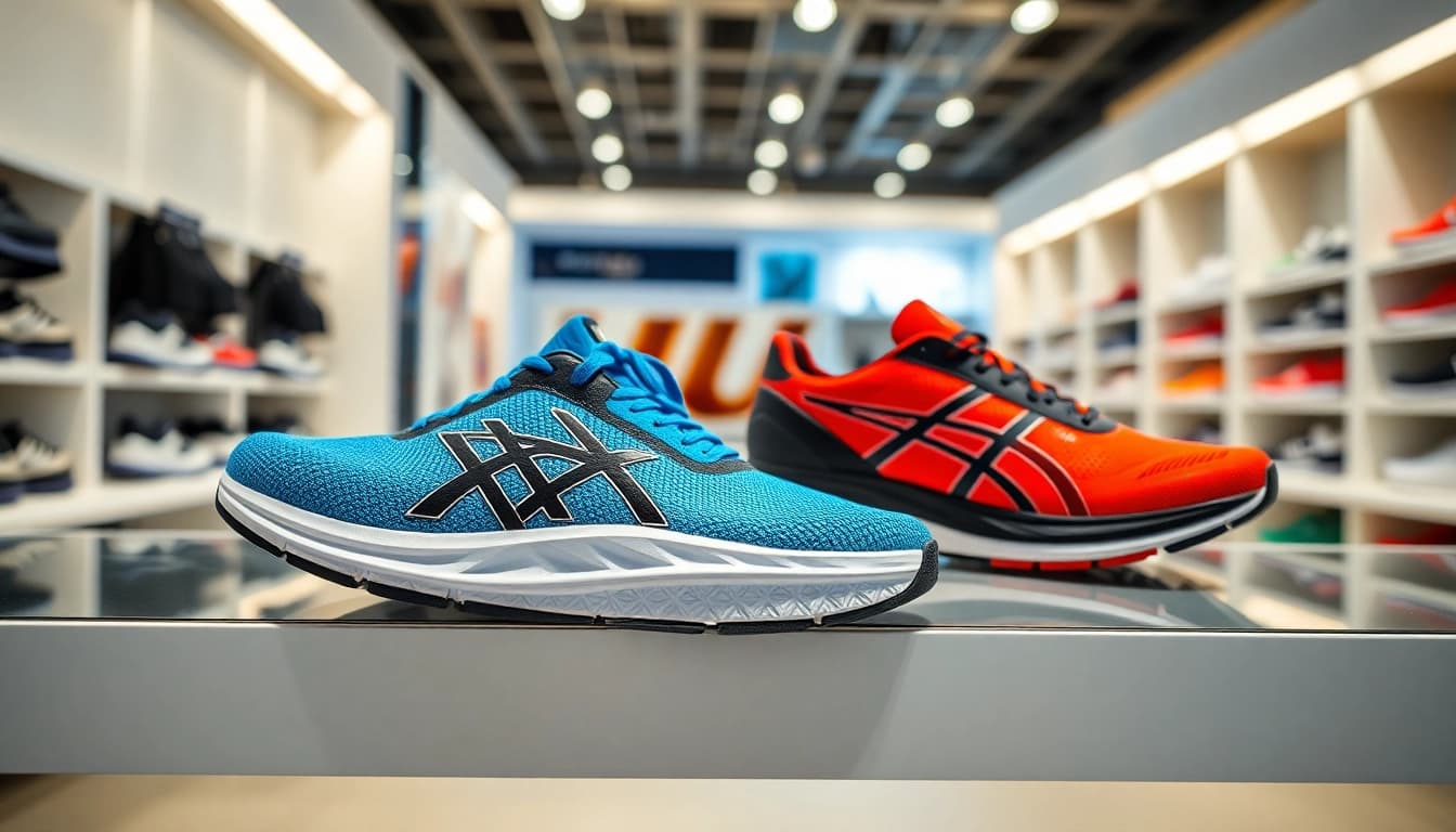 MV 88 running shoes showcased dynamically on a retail shelf, highlighting sporty design details.