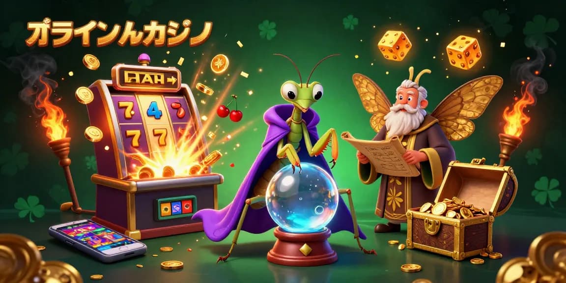 オンラインカジノの魅力を表現した3Dイラスト、スロットゲームや幸運のアイテムが飛び交う華やかなシーン。