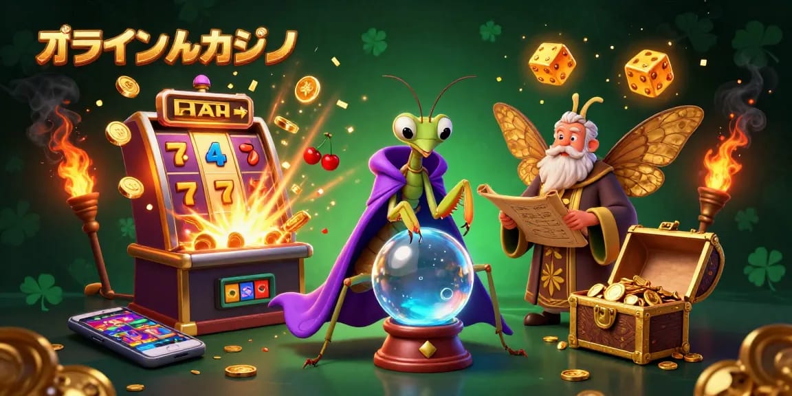 オンラインカジノの魅力を表現した3Dイラスト、スロットゲームや幸運のアイテムが飛び交う華やかなシーン。