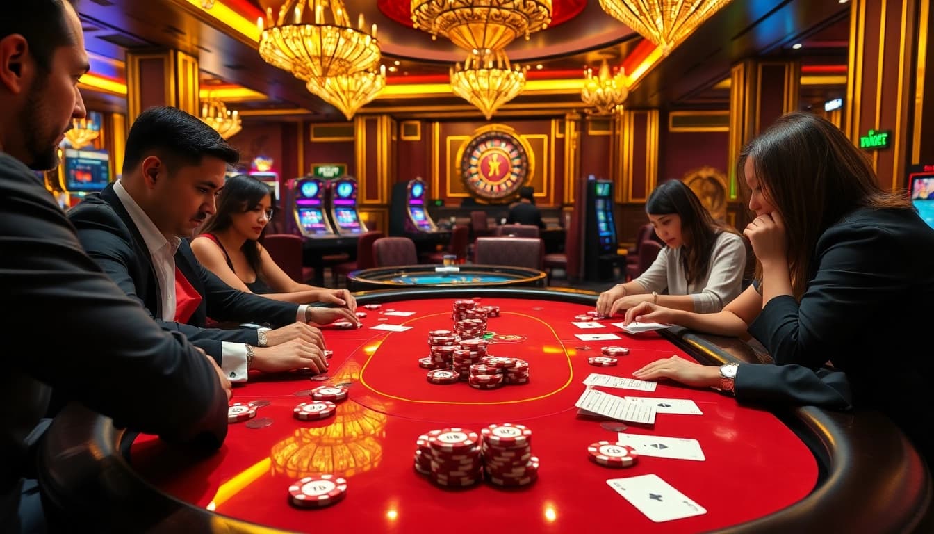 Intense poker game featuring 7upbet-branded chips with casino ambiance and excitement.