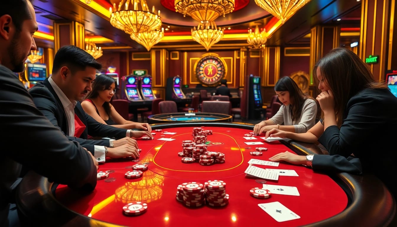 Intense poker game featuring 7upbet-branded chips with casino ambiance and excitement.