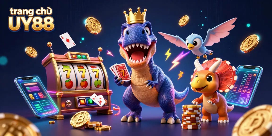 Experience the excitement at trang chủ UY88 with playful dinosaur characters in a vibrant casino scene.