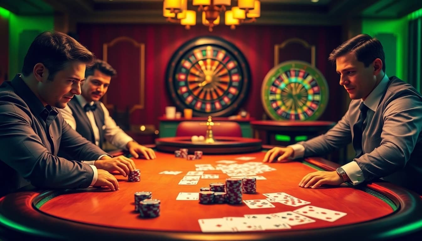 Captivating scene of เจ้ามือรับแทง F168 poker table with players, chips, and excitement