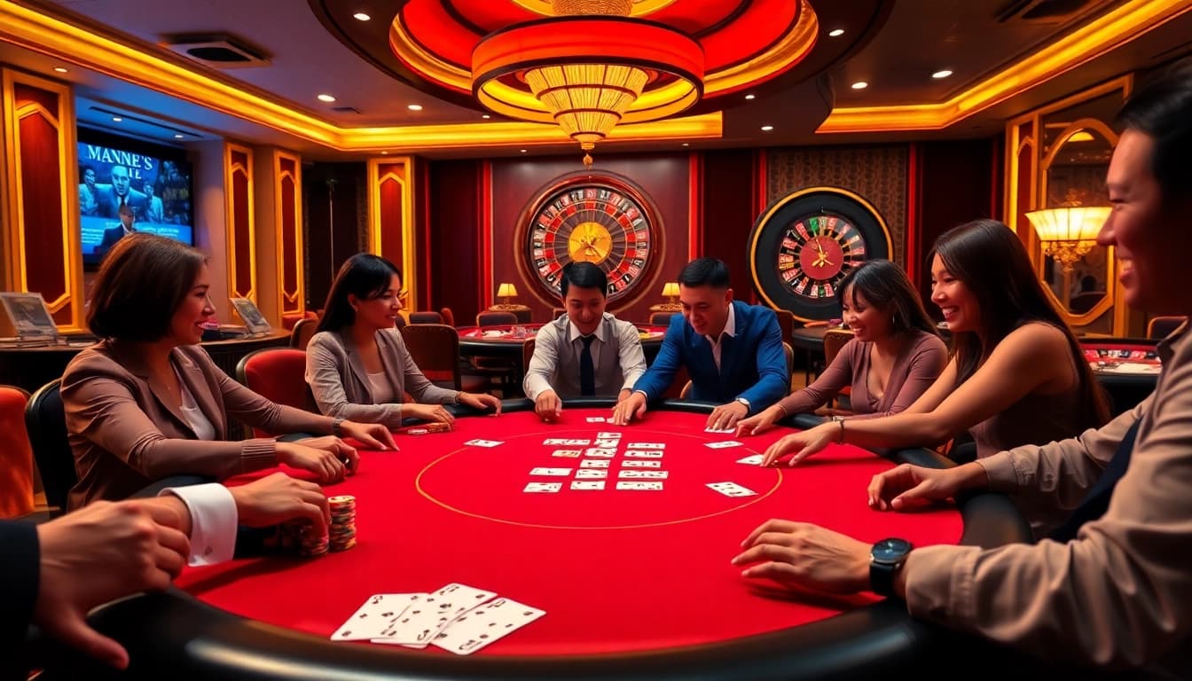 Engaged players at LC 88 poker table with colorful chips and excitement.