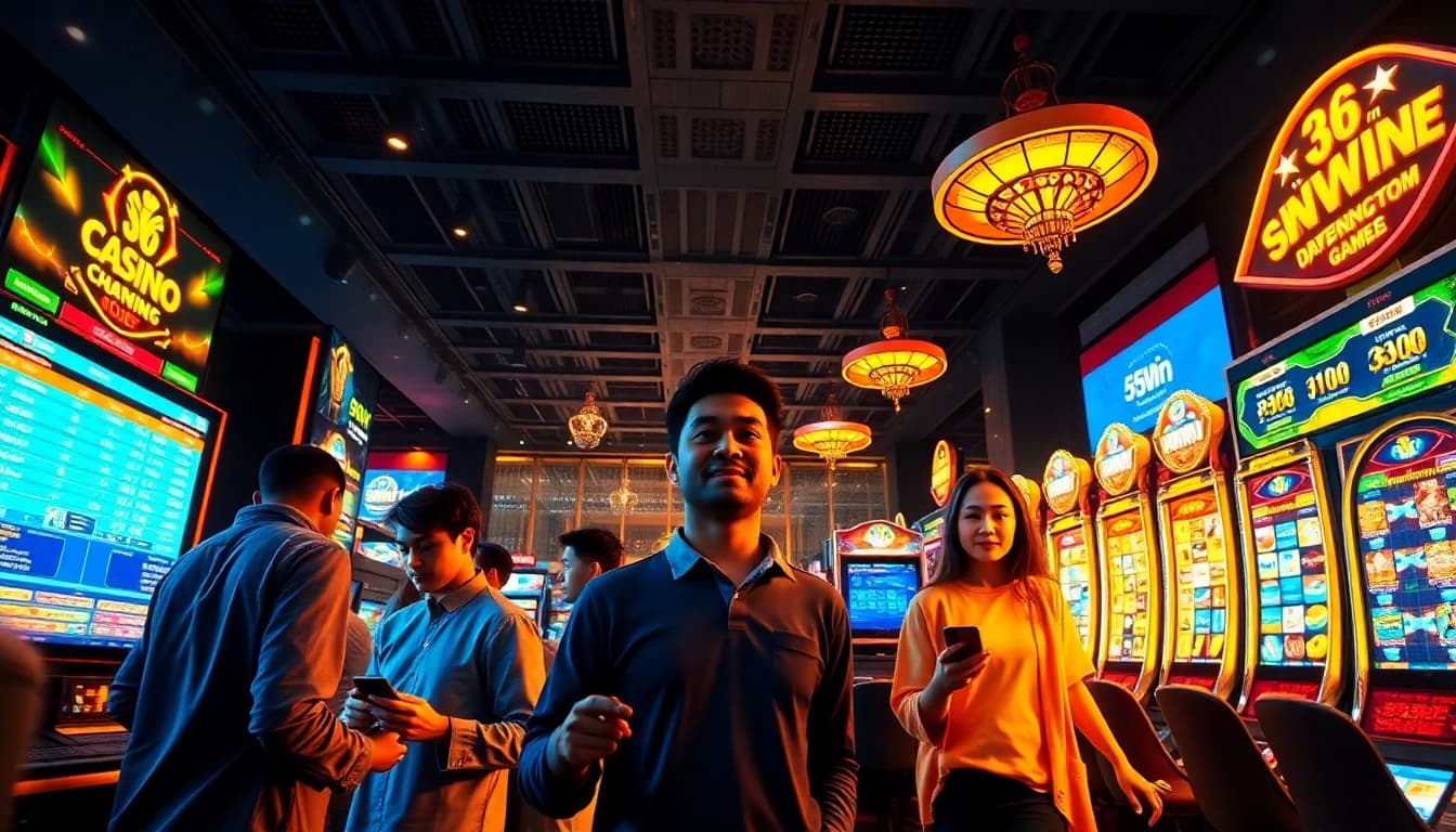 56WIN online gambling platform with diverse players enjoying sports betting and casino games in a vibrant atmosphere.