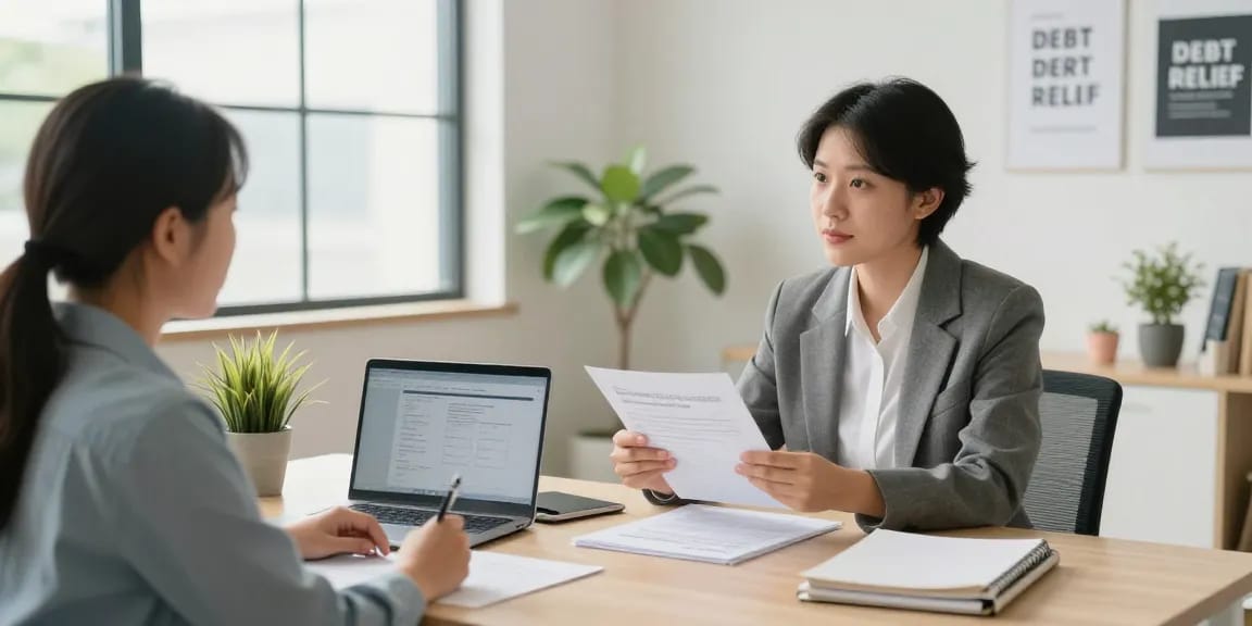 개인회생 상담 중인 전문가와 고객의 모습으로 밝고 전문적인 분위기 연출