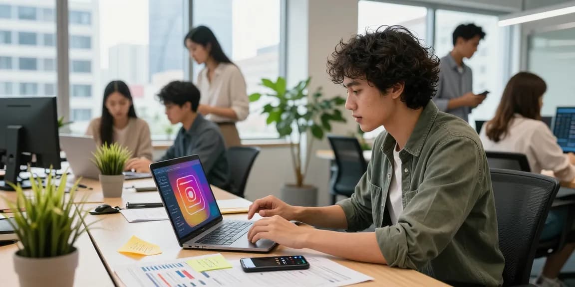 meilleurs sites pour acheter des likes Instagram in a modern marketing office with a digital marketer analyzing engagement metrics