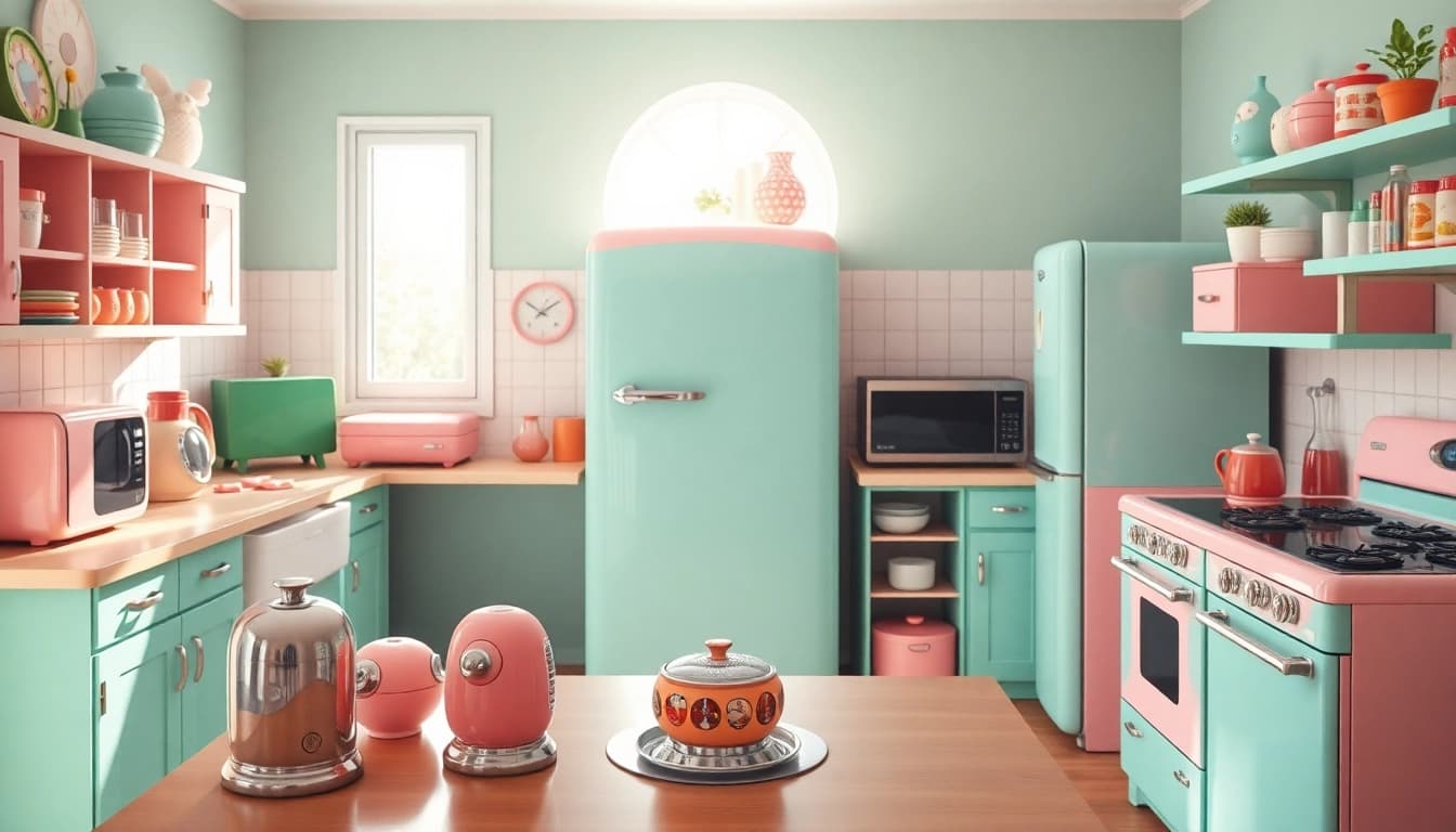 Showcase of retro appliances in a stylish kitchen featuring a classic refrigerator and colorful decor.