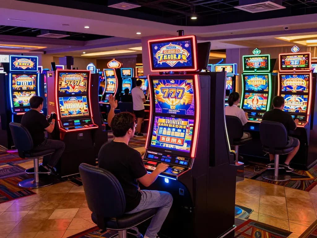 Players celebrating wins at vibrant slot777 machines in a bustling Las Vegas casino.