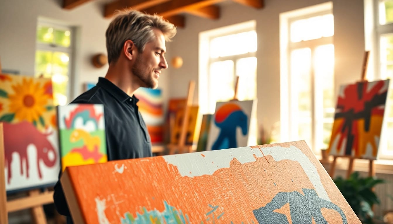 Engaging painting by a professional artist in a vibrant home studio setting.