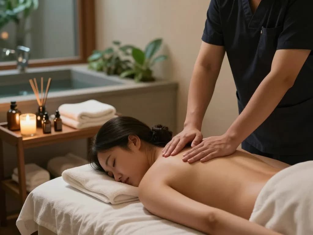 고요한 스파에서 아늑한 조명 속의 논현동마사지 치료 장면.