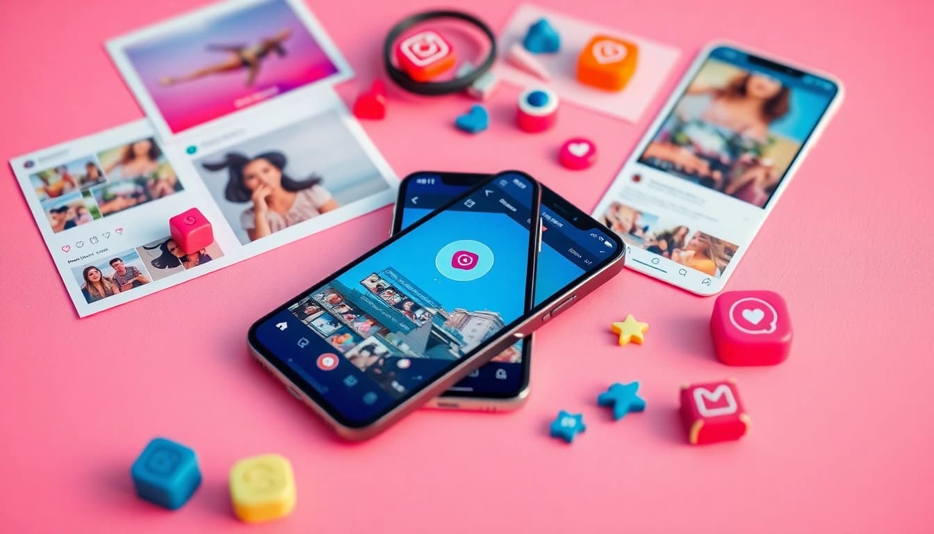 Colorful InstaPro app interface on smartphone amidst engaging Instagram content elements.