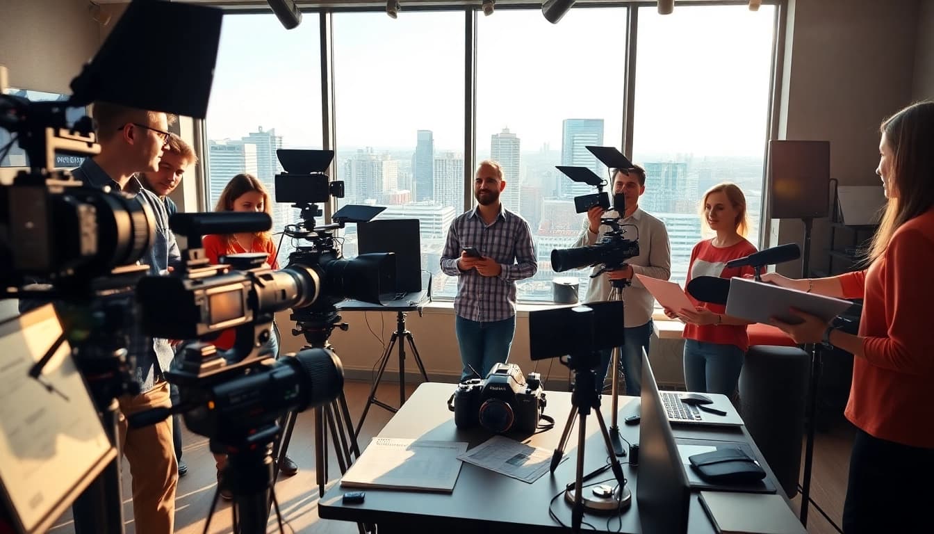 Professional video production Edmonton team collaborating in a vibrant studio.