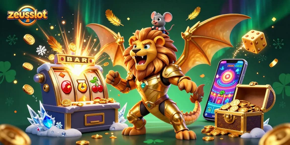 Experience zeusslot's thrilling jackpot with a golden chimera, exciting casino elements, and vibrant colors.
