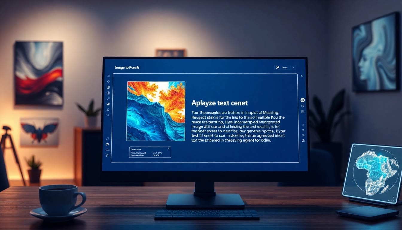Image to prompt generator interface showing vibrant artwork and AI-generated text prompts in a modern workspace.