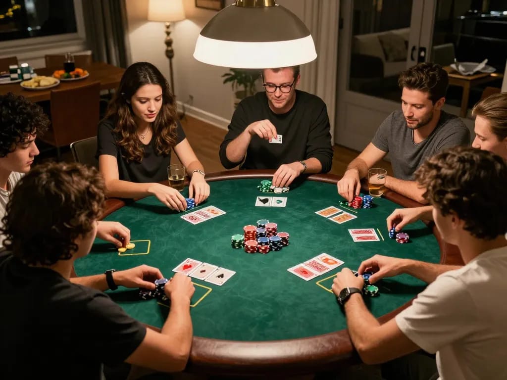 Engaging poker night scene at home featuring friends playing around the table, highlighting hitclub9 entertainment