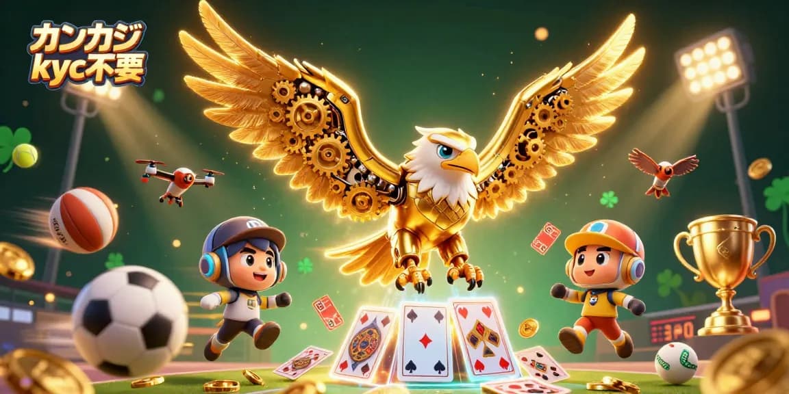 オンカジ KYC不要で楽しむオンラインカジノのシーンを描いた、金色のサイボーグのワシがカードの滝を通過するイラスト。