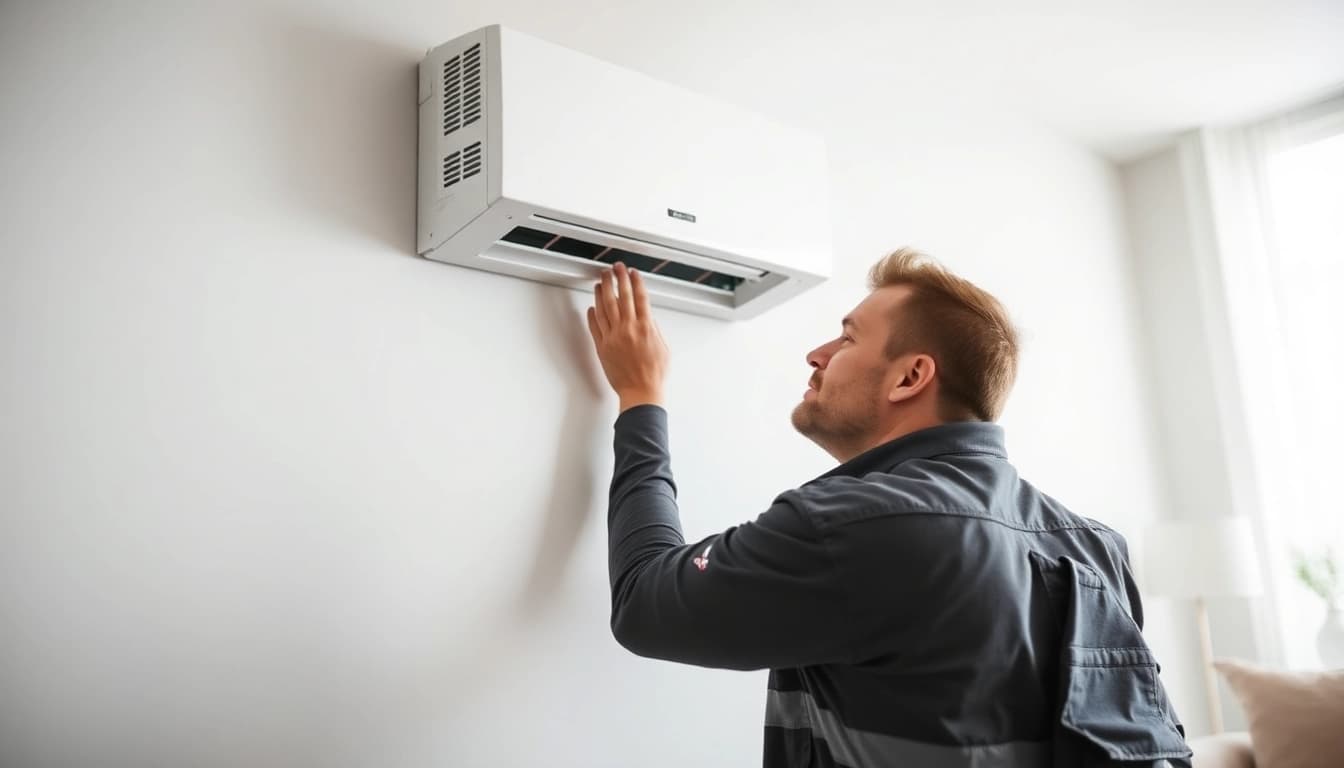 Technician installing a Mitsubishi mini split AC in a modern home environment, showcasing comfort and efficiency.