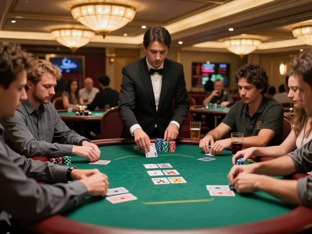 tr88 casino enthusiasts playing poker at a luxurious table amidst vibrant casino lighting