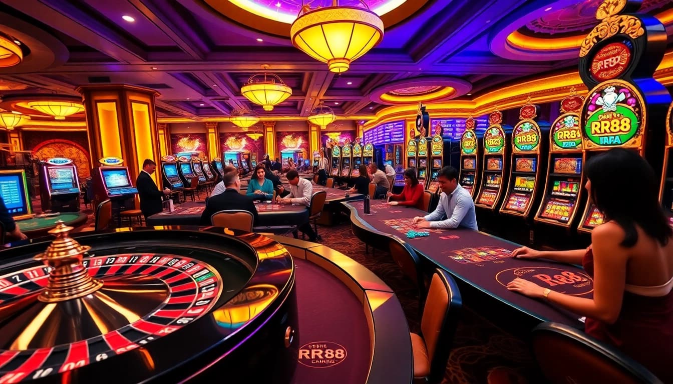Experience the excitement of RR88 at a luxurious casino with vibrant games and lively players.