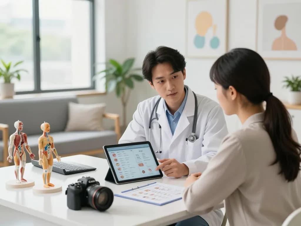 現代のクリニックでの医療専門家と患者の対話を強調するABCクリニックの口コミレビューに関する詳細な相談シーン。