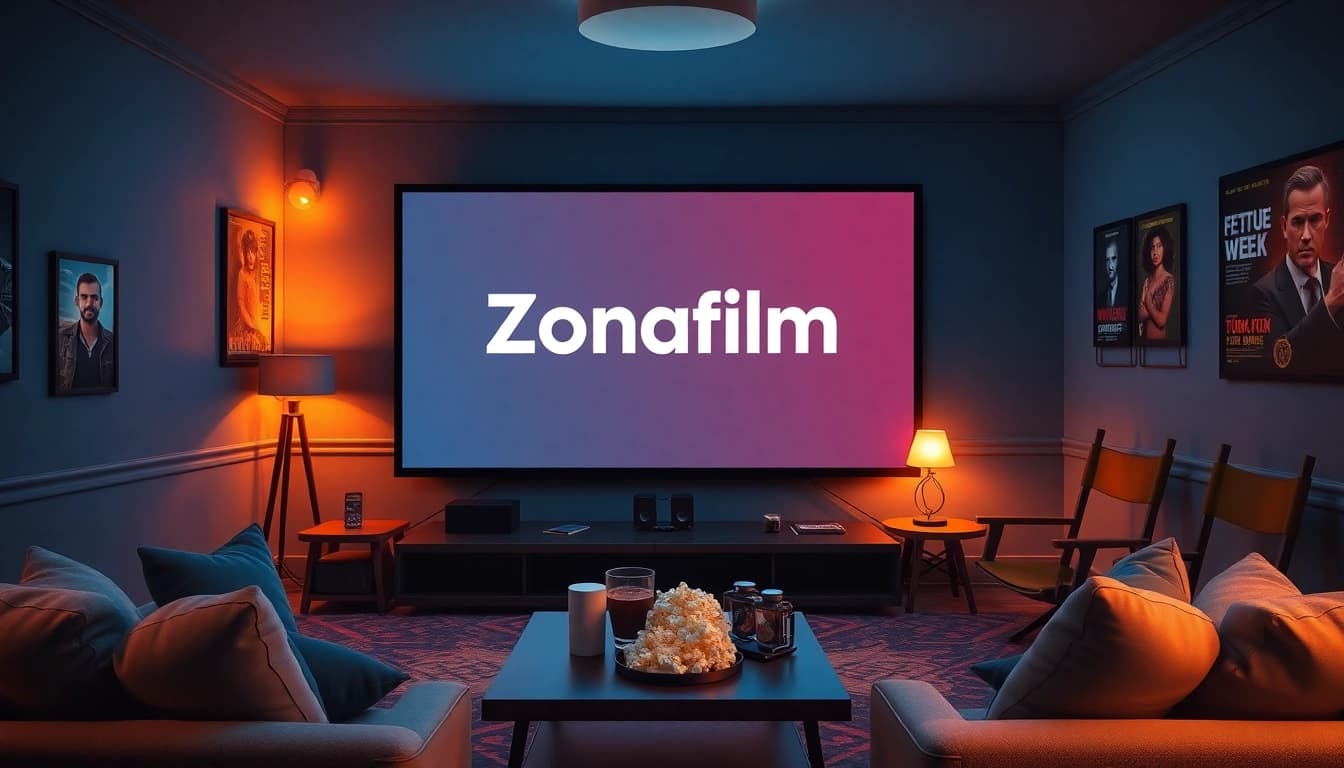 Zonafilm logo displayed in a cozy home theater with popcorn and drinks.