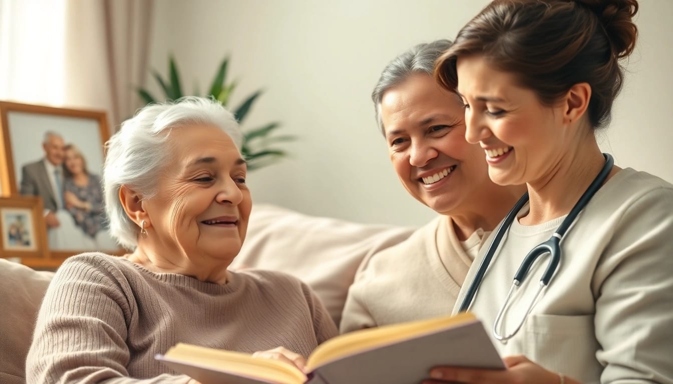 Engaging scene of in home care near me with caregiver assisting an elderly person in a cozy living room.