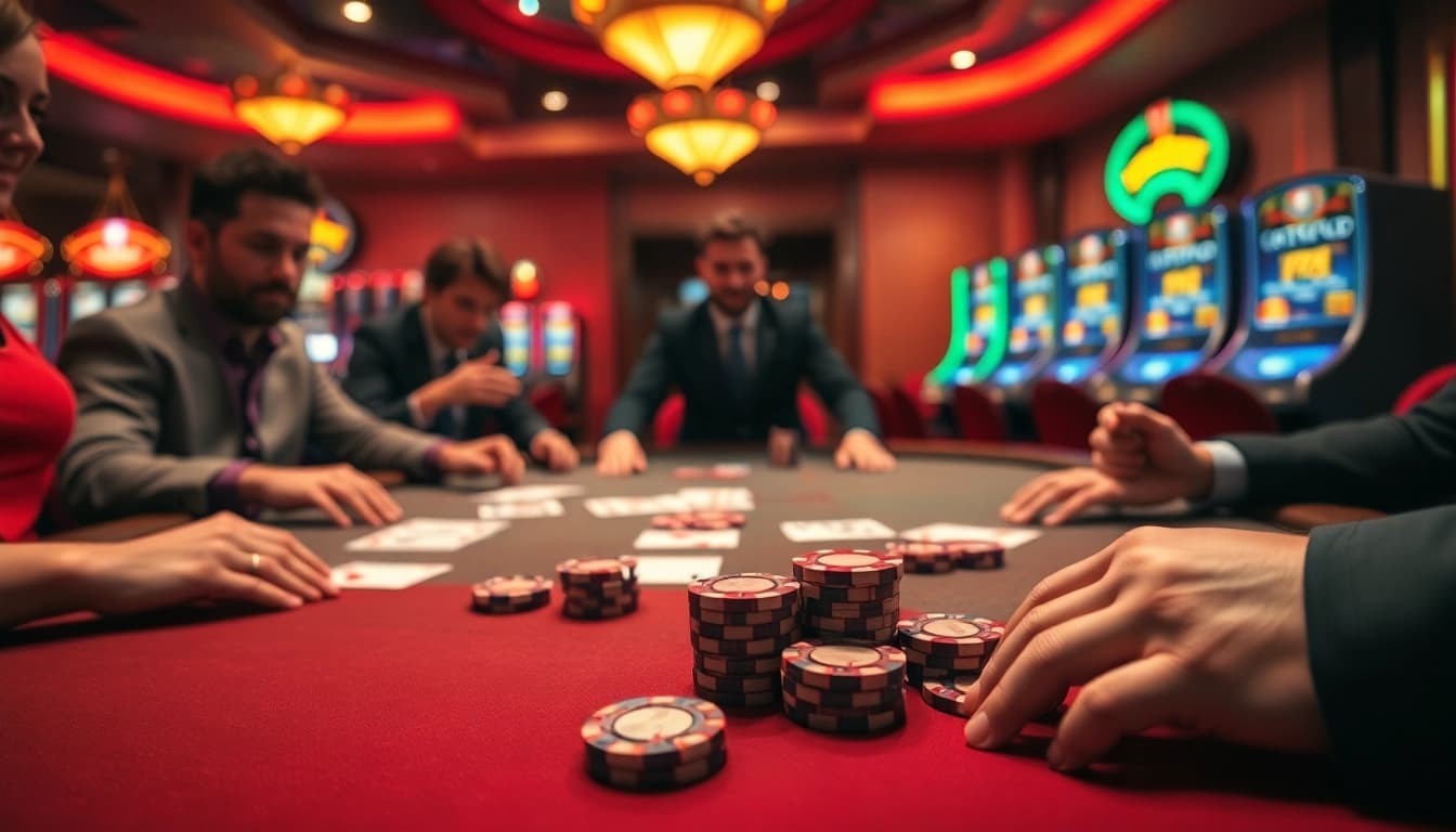 Main casino action with vegas88 link, showing players engaged at a poker table.