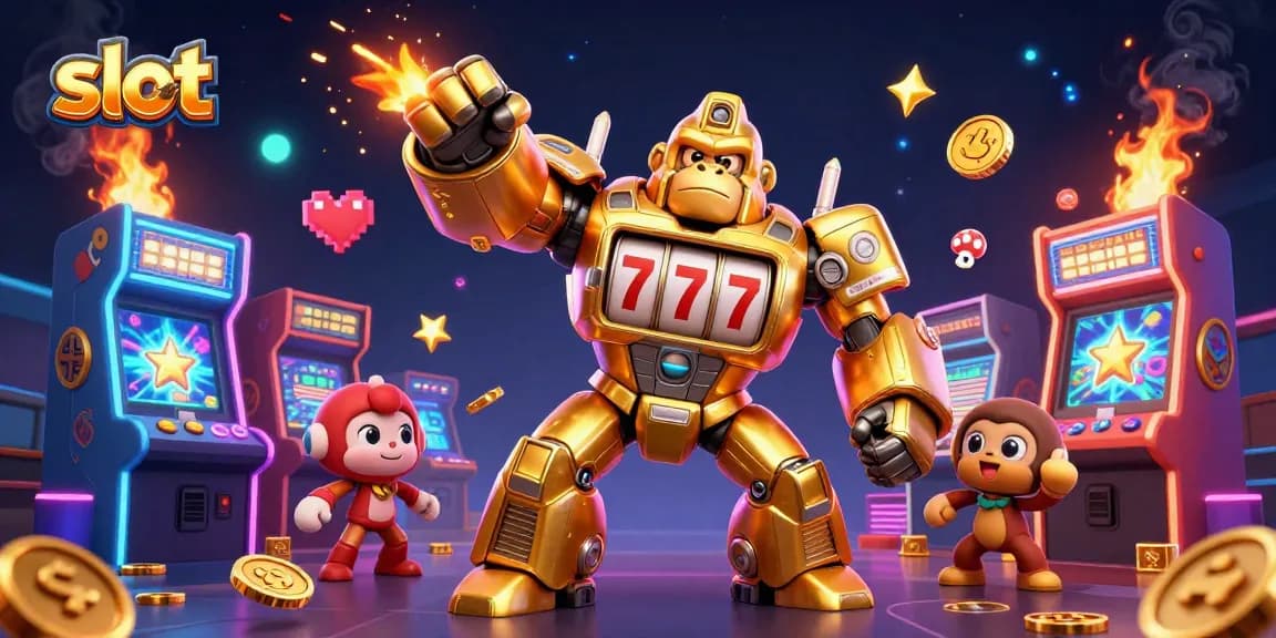 Slot memperlihatkan gorila emas kecil dari mesin slot dengan koin terbang, game arcade berwarna-warni di latar belakang.