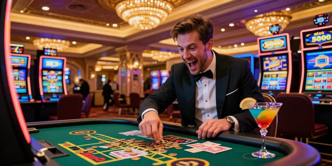High-stakes gambler enjoying slot 5000 machine in a luxurious casino environment