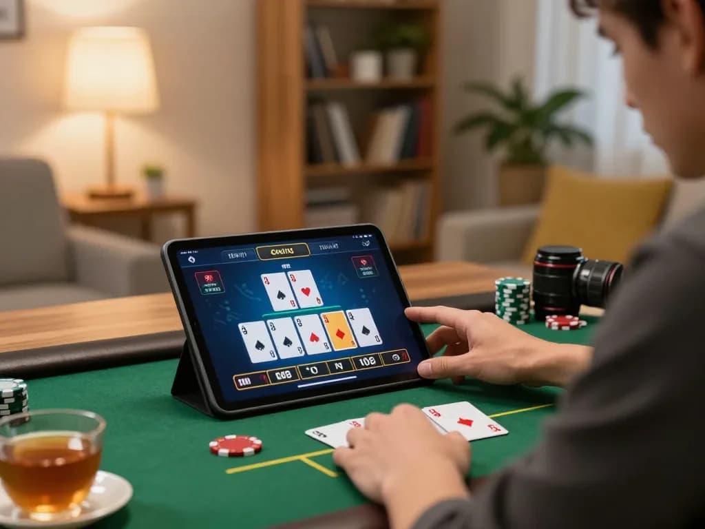 Player enjoying online gaming at home with Nhà cái FIVE88, showcasing an engaging poker session