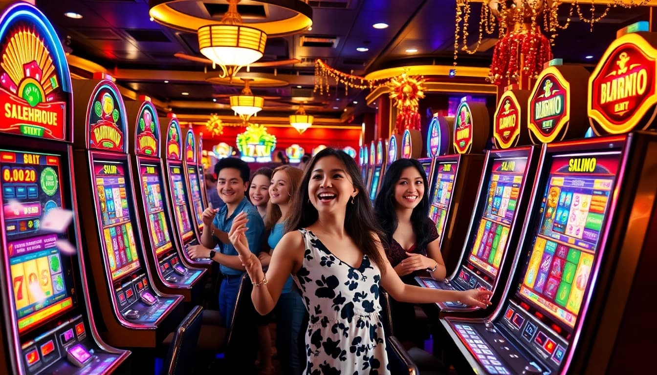 Excited players enjoying various SLOT machines in a vibrant casino environment.
