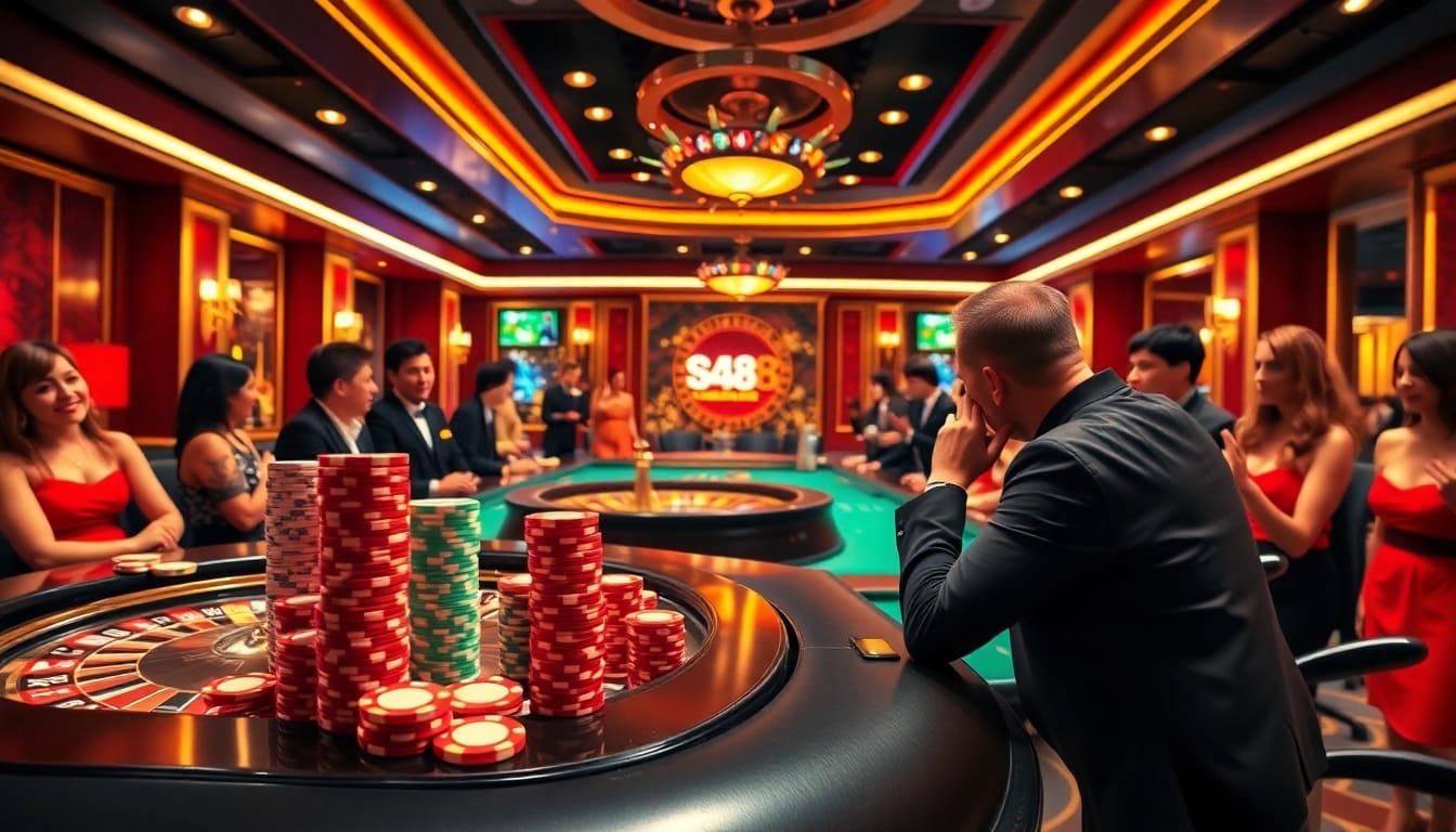 Experience the excitement of sa88 with vibrant casino elements, poker chips, and a roulette wheel.