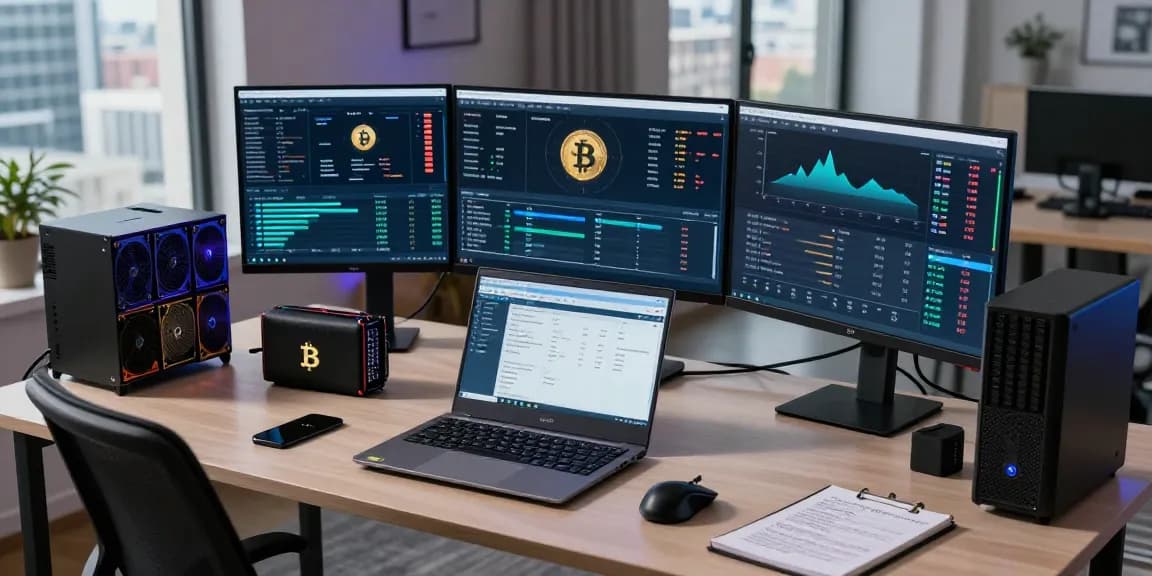 Bitcoin mining company professional setup with cryptocurrency dashboard and analytical tools for secure mining operations.