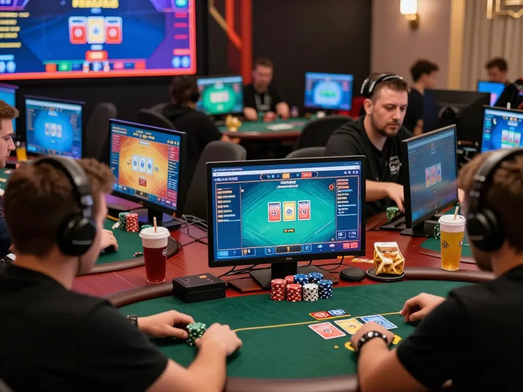 Players engaged in a lively online poker tournament, showcasing sunwin gaming enthusiasm and strategy.