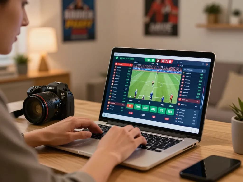 Person placing bets on bk8 sports betting app at home office desk, showcasing strategic gameplay.
