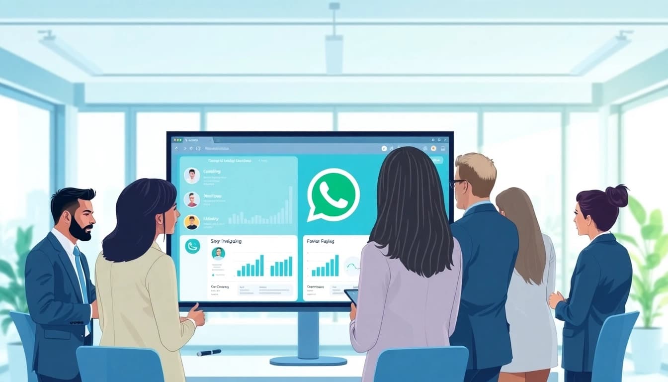 Learn what is a CRM for WhatsApp through a team collaboration scene with technology insights.