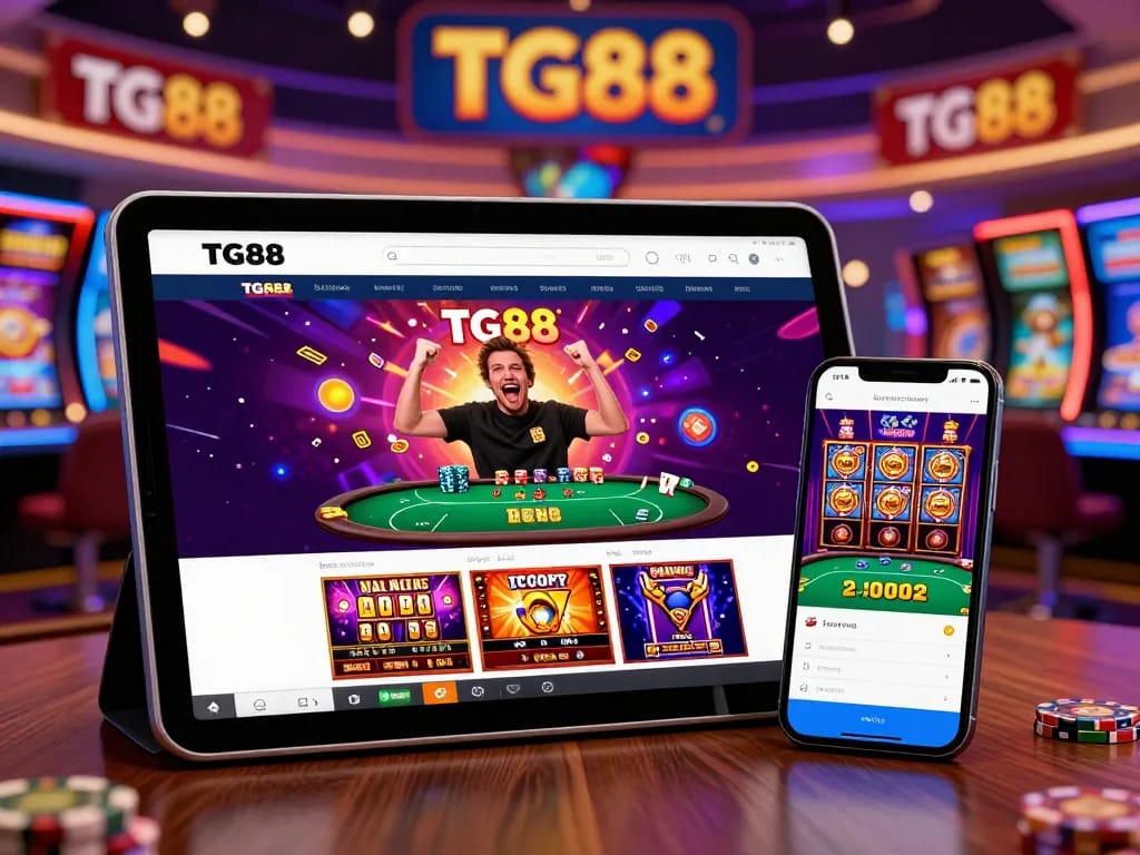 Engaged player celebrating a win on TG88 online gaming platform with vibrant graphics.