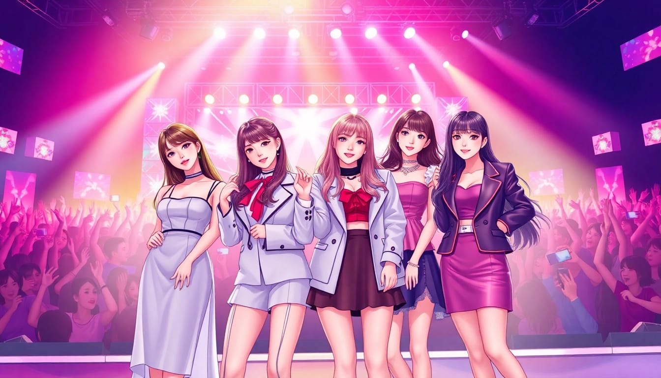 Engaging portrayal of blackpink members during a lively concert with distinctive outfits and vibrant atmosphere.