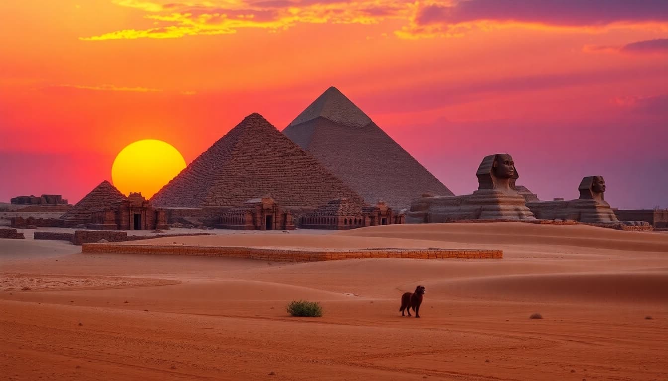 Piraminds glowing under a sunset sky, highlighting their majestic stone structure.