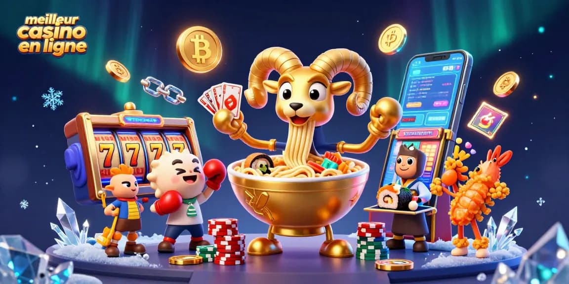 Jouez au meilleur casino en ligne avec un personnage de ramen illustré offrant des cartes et des jetons dans un décor vibrant.