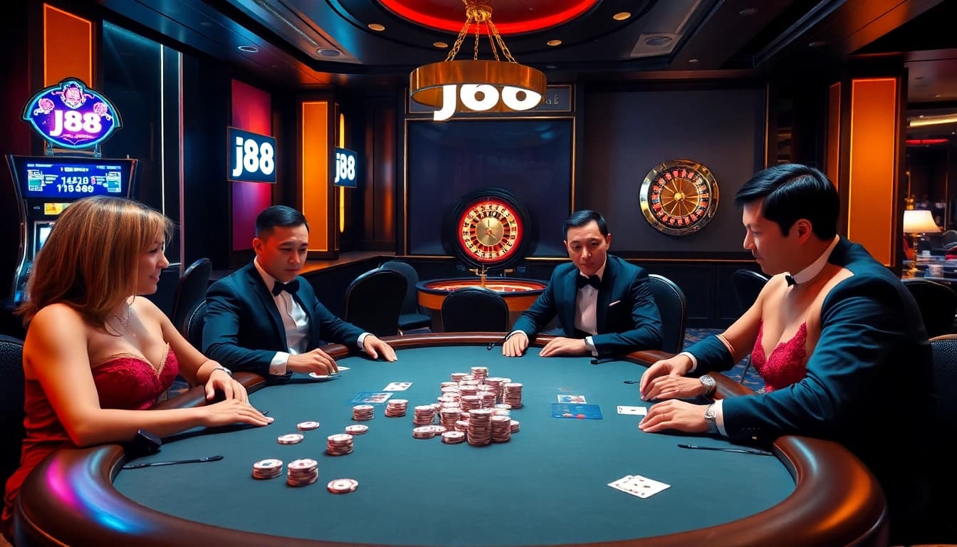 Players engaging in a high-stakes poker game with j88-themed decorations enhancing the excitement.
