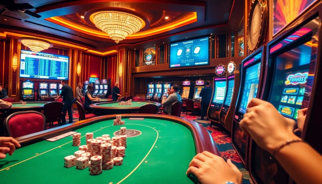 Experience the excitement at https://thabet77.org/ with players placing bets on a luxurious casino floor.