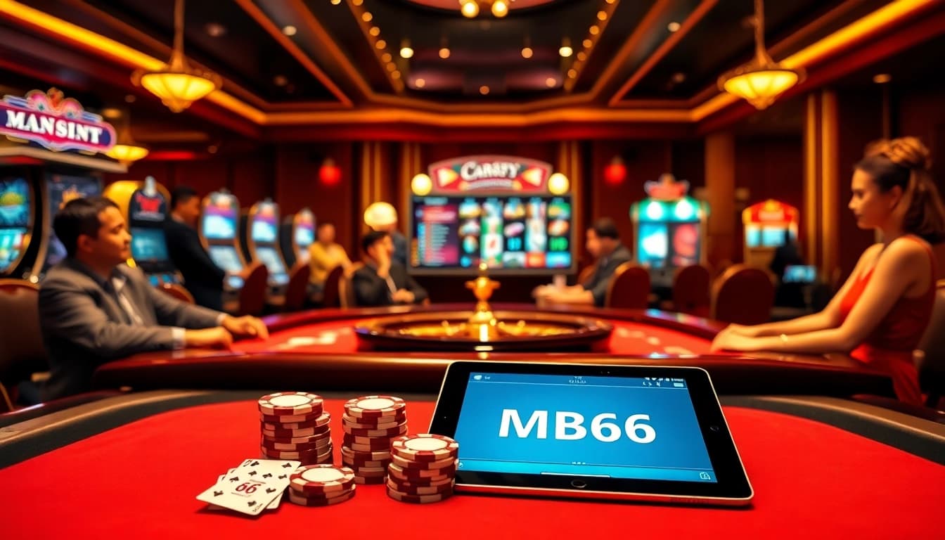 Engaged players at a luxurious casino with MB66 chips, vibrant slot machines, and an inviting atmosphere.