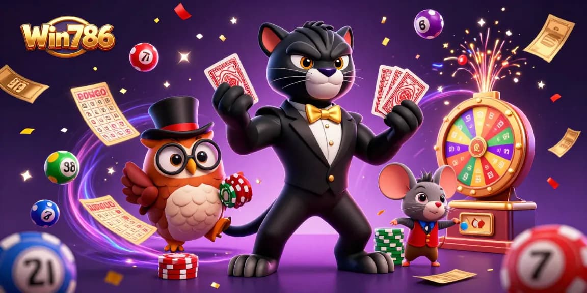 Win786 showcases a stylish panther and charming owl celebrating with casino elements.