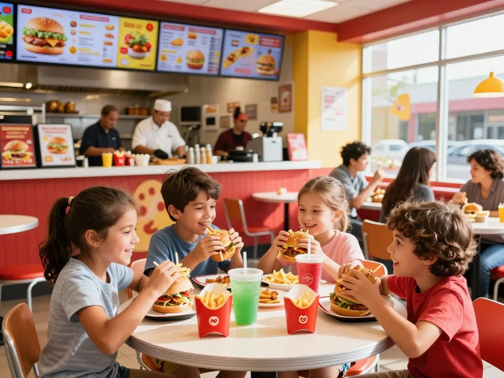 Families enjoying a fast food menu meal at a lively restaurant.