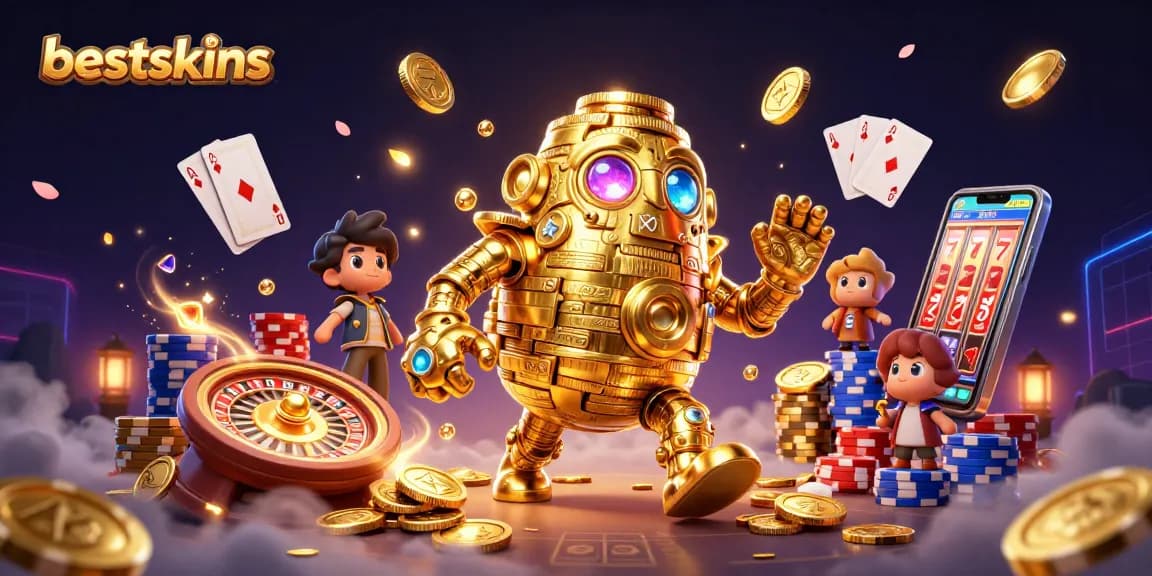 Engage with the bestskins experience featuring a vibrant 3D illustration of a golden golem amidst a casino scene.